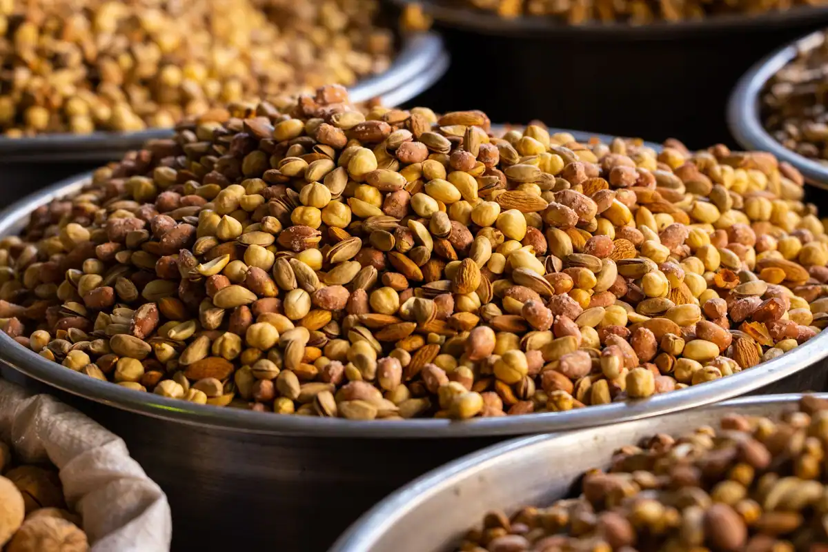 Fructe oleaginoase prăjite în boluri metalice, alimente concentrate în nutrienți